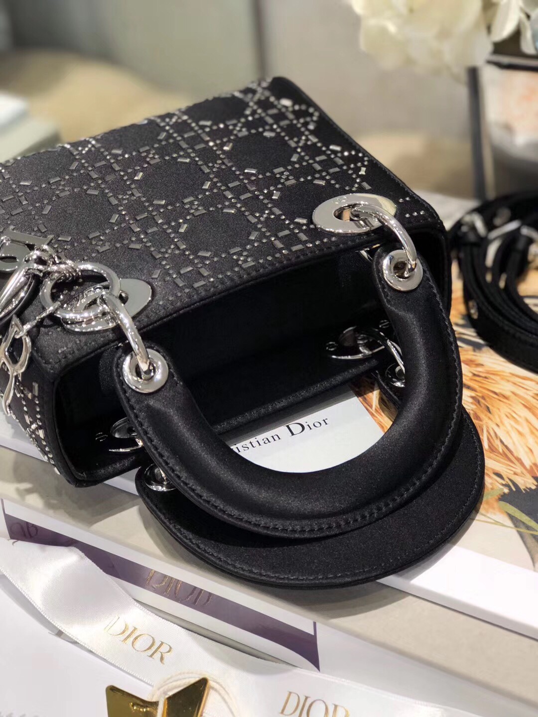 Mini Lady Dior Bag Black Strass Cannage Satin